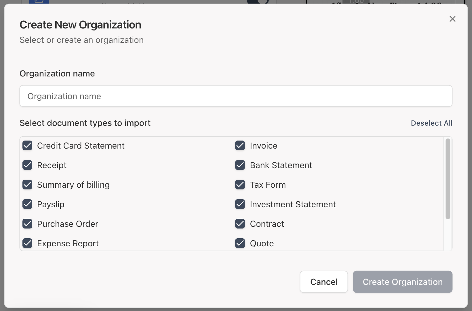 Create extraction template screen